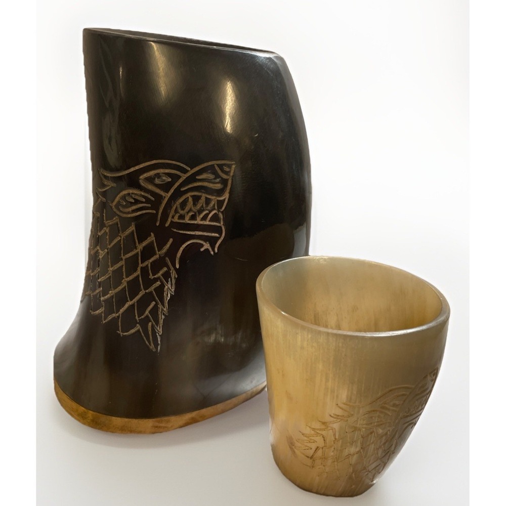 Viking‎ Culture Hand Carved Horn Wolf Tankard And Shot Glass Set